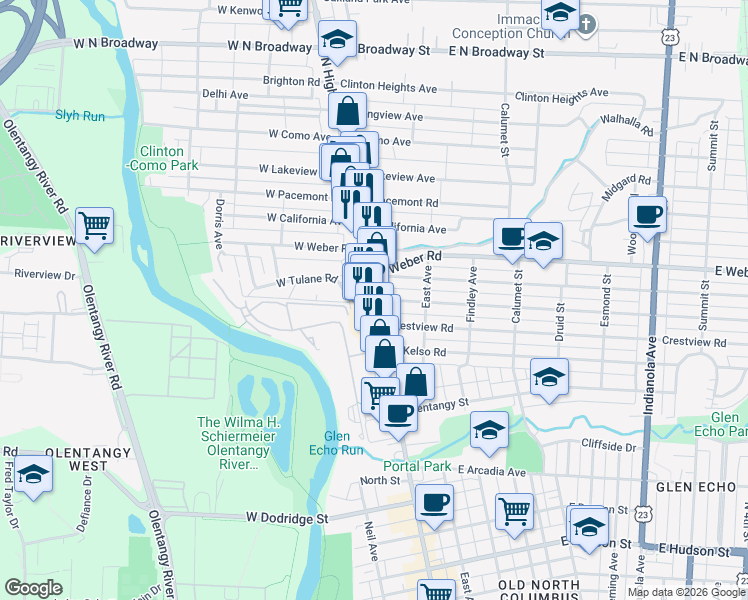 map of restaurants, bars, coffee shops, grocery stores, and more near 13 East Tulane Road in Columbus
