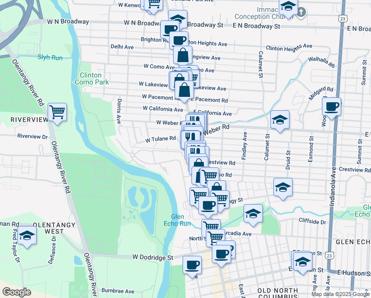 map of restaurants, bars, coffee shops, grocery stores, and more near 29 West Tulane Road in Columbus