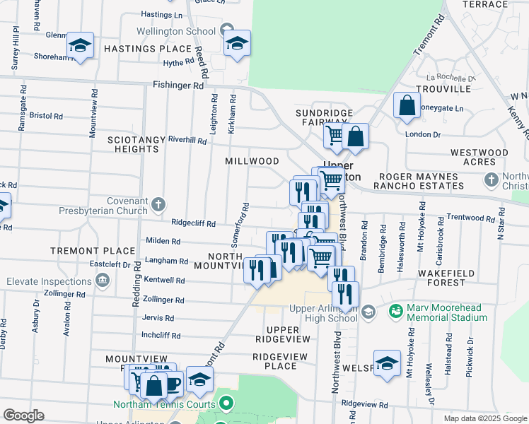 map of restaurants, bars, coffee shops, grocery stores, and more near 1842 Ridgecliff Road in Upper Arlington