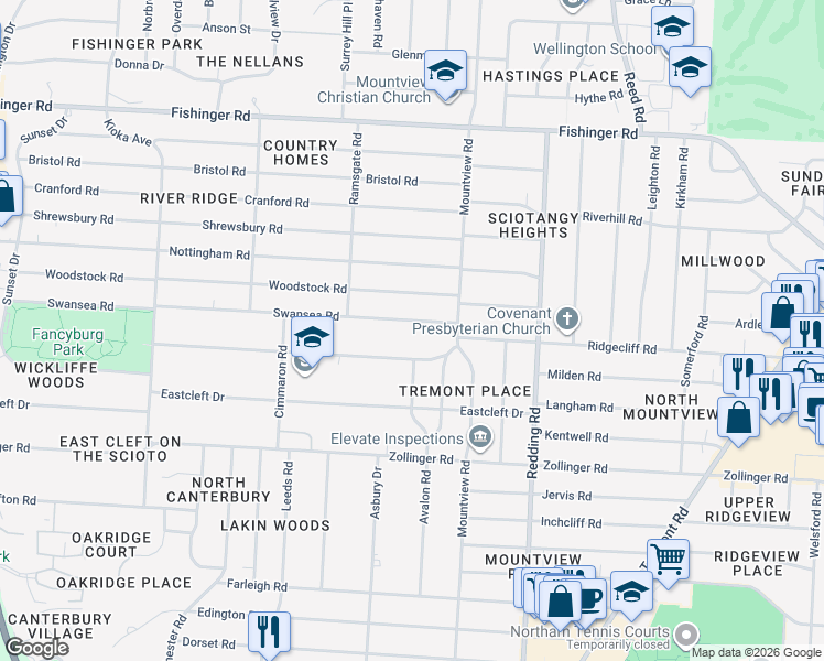 map of restaurants, bars, coffee shops, grocery stores, and more near 2278 Wickliffe Road in Columbus