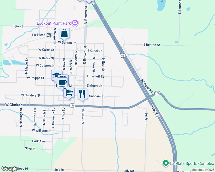 map of restaurants, bars, coffee shops, grocery stores, and more near 102 South East Street in La Plata