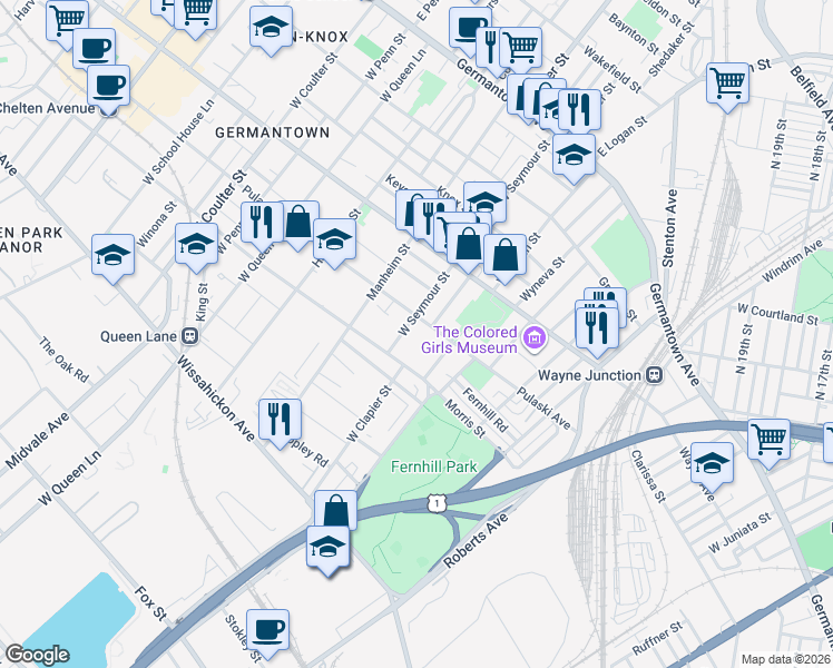 map of restaurants, bars, coffee shops, grocery stores, and more near 324 West Seymour Street in Philadelphia