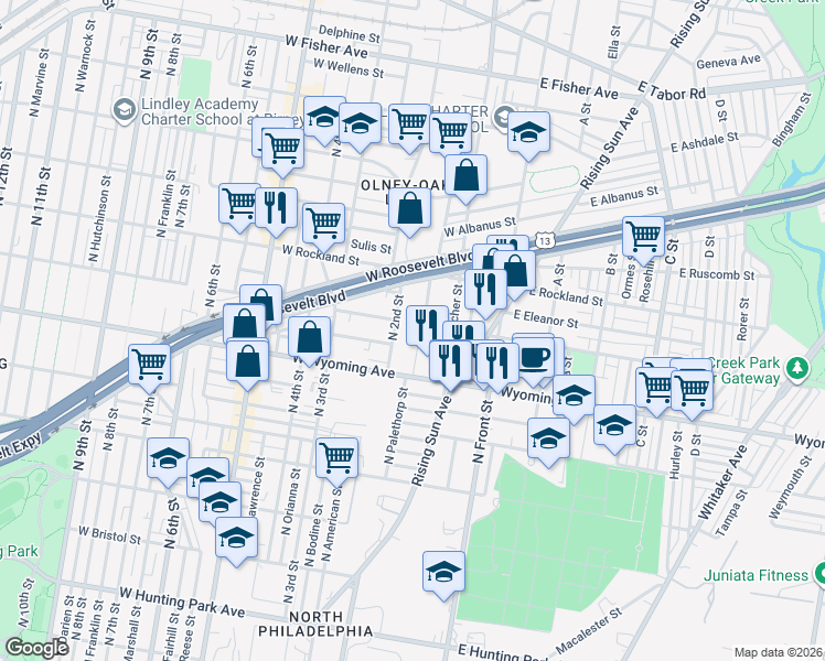 map of restaurants, bars, coffee shops, grocery stores, and more near 186 West Loudon Street in Philadelphia