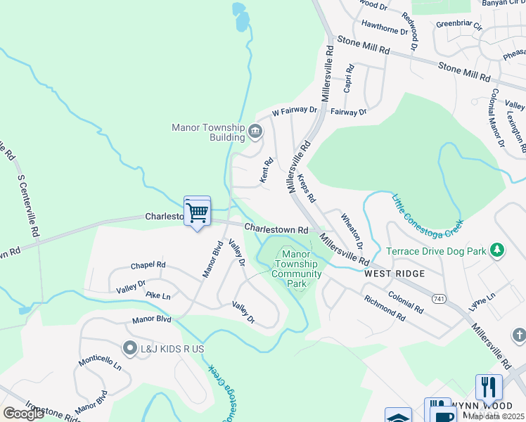 map of restaurants, bars, coffee shops, grocery stores, and more near 1 Ramsgate Lane in Lancaster