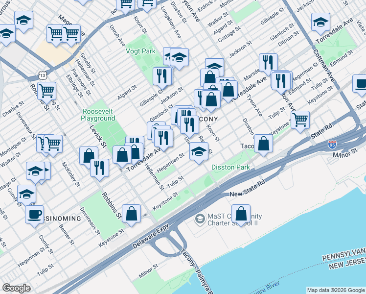 map of restaurants, bars, coffee shops, grocery stores, and more near 6634 Hegerman Street in Philadelphia