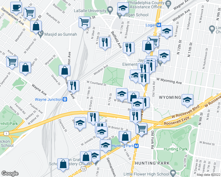 map of restaurants, bars, coffee shops, grocery stores, and more near 4550 North 17th Street in Philadelphia