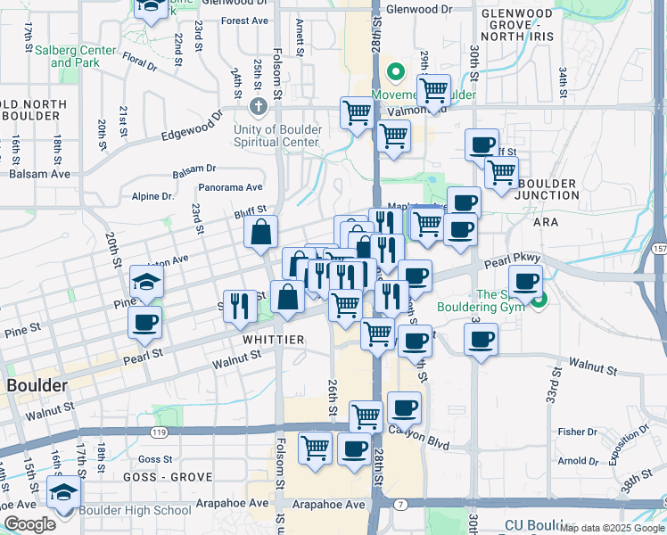 map of restaurants, bars, coffee shops, grocery stores, and more near 2601 Spruce Street in Boulder