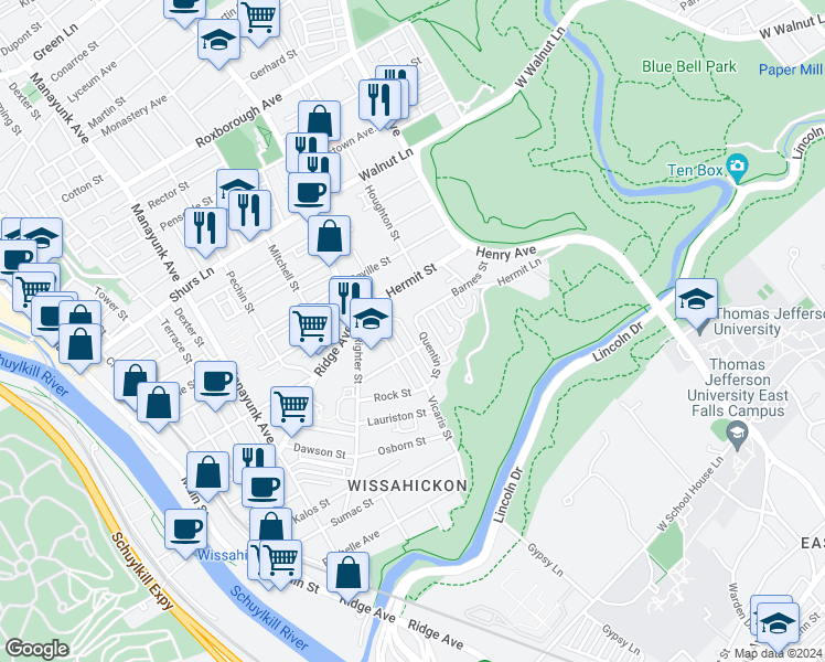 map of restaurants, bars, coffee shops, grocery stores, and more near 5484 Quentin Street in Philadelphia