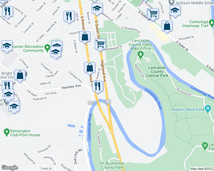 map of restaurants, bars, coffee shops, grocery stores, and more near 56 Greenwood Avenue in Lancaster