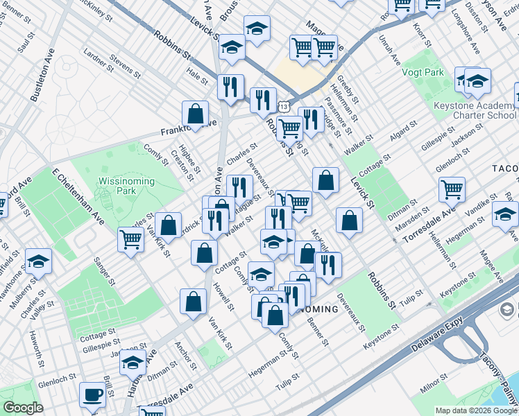 map of restaurants, bars, coffee shops, grocery stores, and more near 6120 Walker Street in Philadelphia