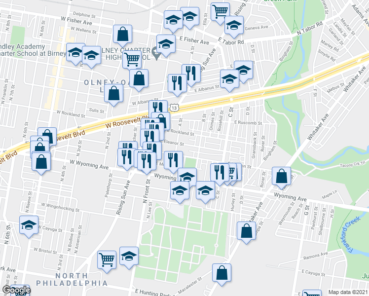 map of restaurants, bars, coffee shops, grocery stores, and more near 216 East Eleanor Street in Philadelphia