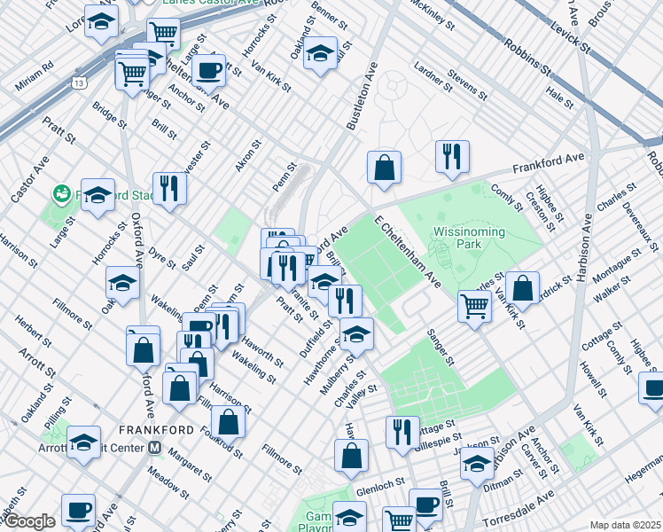 map of restaurants, bars, coffee shops, grocery stores, and more near 1622 Brill Street in Philadelphia