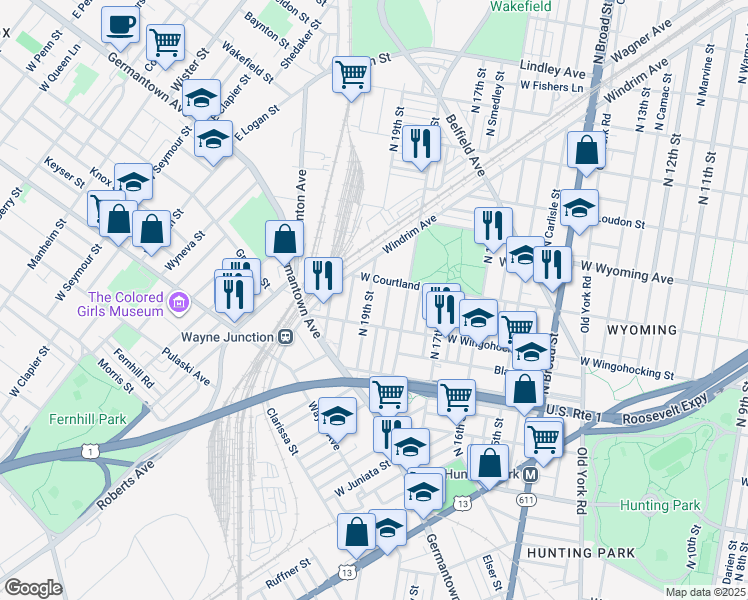 map of restaurants, bars, coffee shops, grocery stores, and more near 4537 North 19th Street in Philadelphia