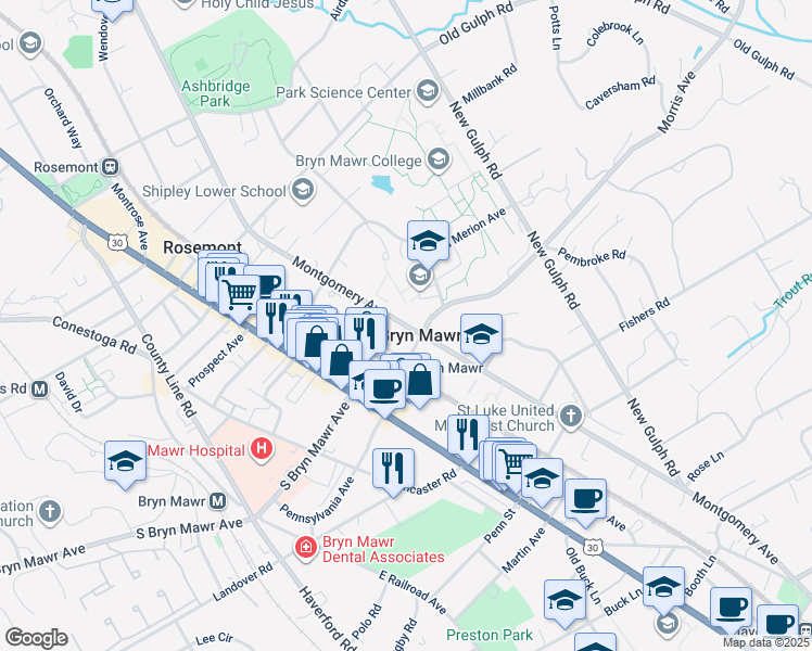 map of restaurants, bars, coffee shops, grocery stores, and more near 807 Montgomery Avenue in Bryn Mawr