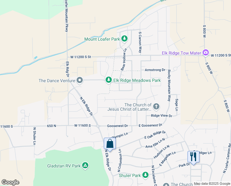 map of restaurants, bars, coffee shops, grocery stores, and more near 175 Wolverine Creek in Elk Ridge