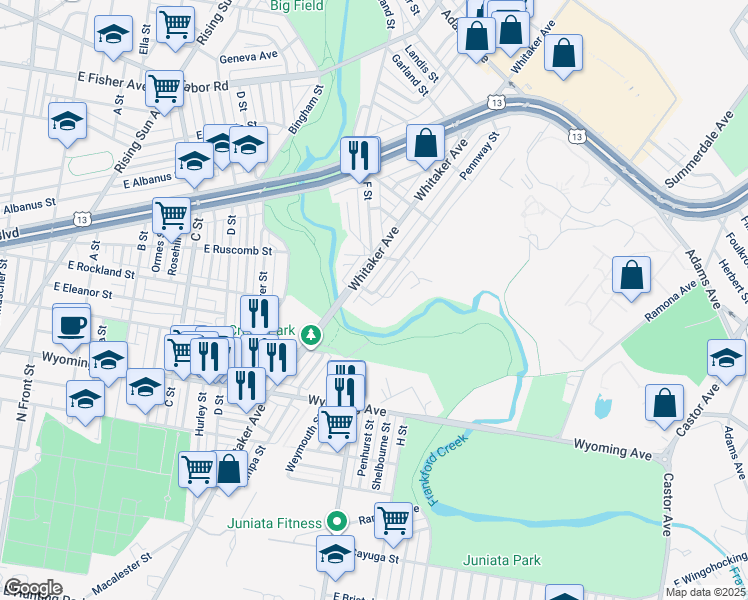 map of restaurants, bars, coffee shops, grocery stores, and more near 4935 Pennway Street in Philadelphia