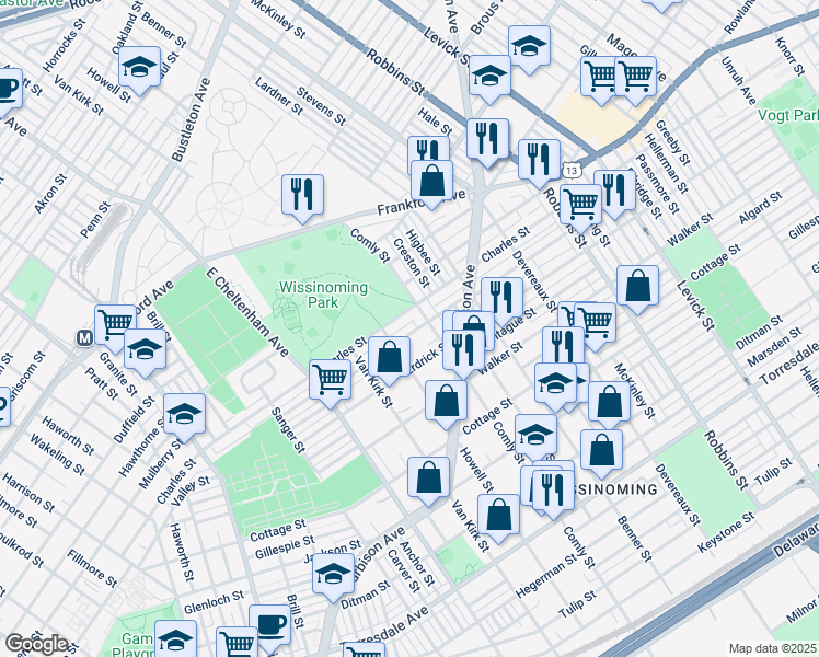 map of restaurants, bars, coffee shops, grocery stores, and more near 5928 Tackawanna Street in Philadelphia