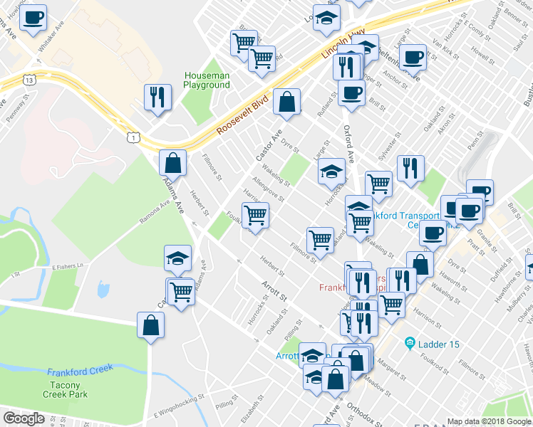 map of restaurants, bars, coffee shops, grocery stores, and more near 1016 Harrison Street in Philadelphia