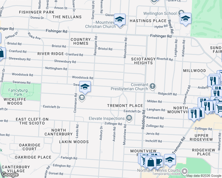 map of restaurants, bars, coffee shops, grocery stores, and more near 2278 Wickliffe Road in Columbus