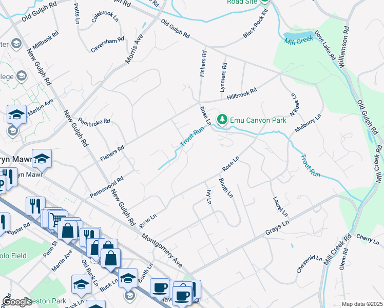 map of restaurants, bars, coffee shops, grocery stores, and more near 543 Avonwood Road in Haverford
