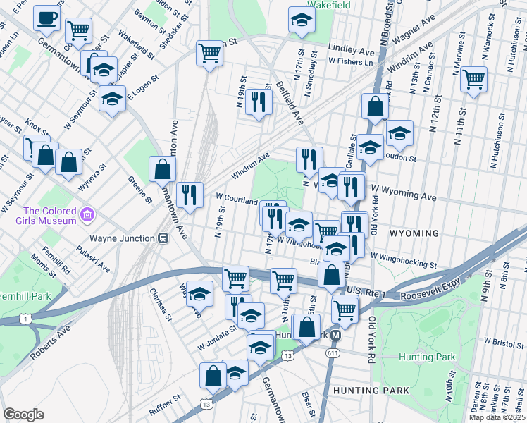 map of restaurants, bars, coffee shops, grocery stores, and more near 4531 North 18th Street in Philadelphia