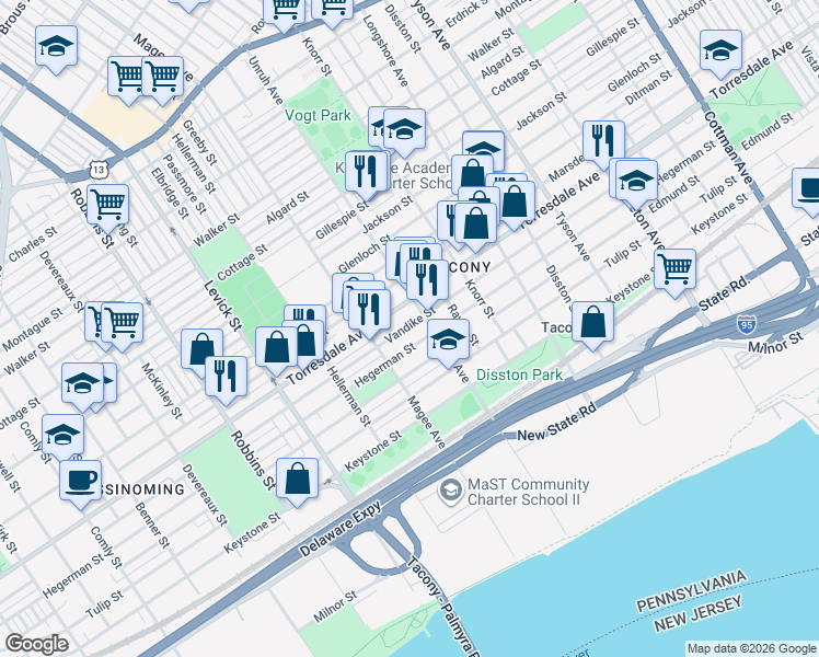 map of restaurants, bars, coffee shops, grocery stores, and more near 6634 Hegerman Street in Philadelphia