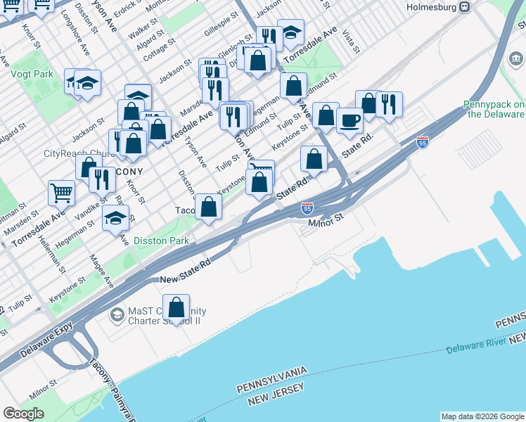 map of restaurants, bars, coffee shops, grocery stores, and more near 5005 Barton Street in Philadelphia