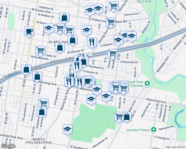 map of restaurants, bars, coffee shops, grocery stores, and more near 4817 A Street in Philadelphia