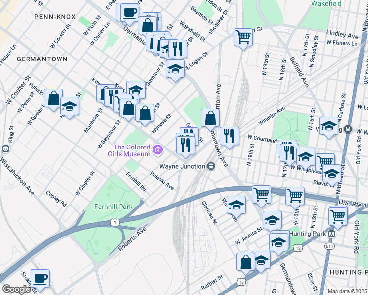 map of restaurants, bars, coffee shops, grocery stores, and more near 140 Apsley Street in Philadelphia