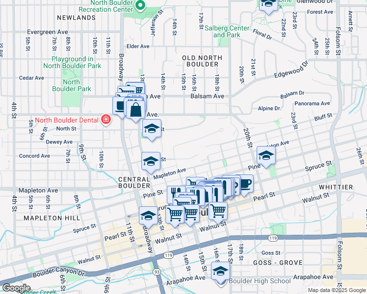 map of restaurants, bars, coffee shops, grocery stores, and more near 1526 Sunset Boulevard in Boulder