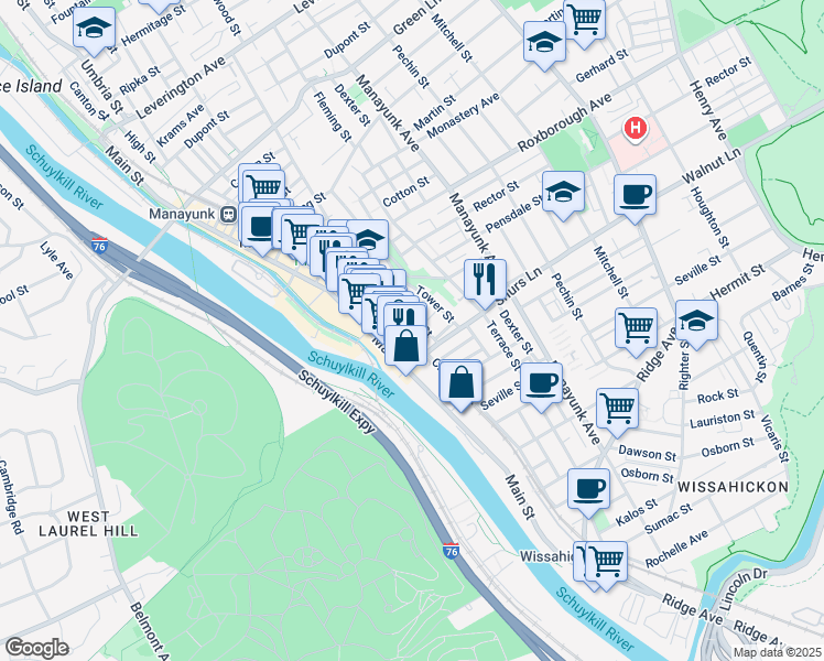 map of restaurants, bars, coffee shops, grocery stores, and more near 4123 Cresson Street in Philadelphia