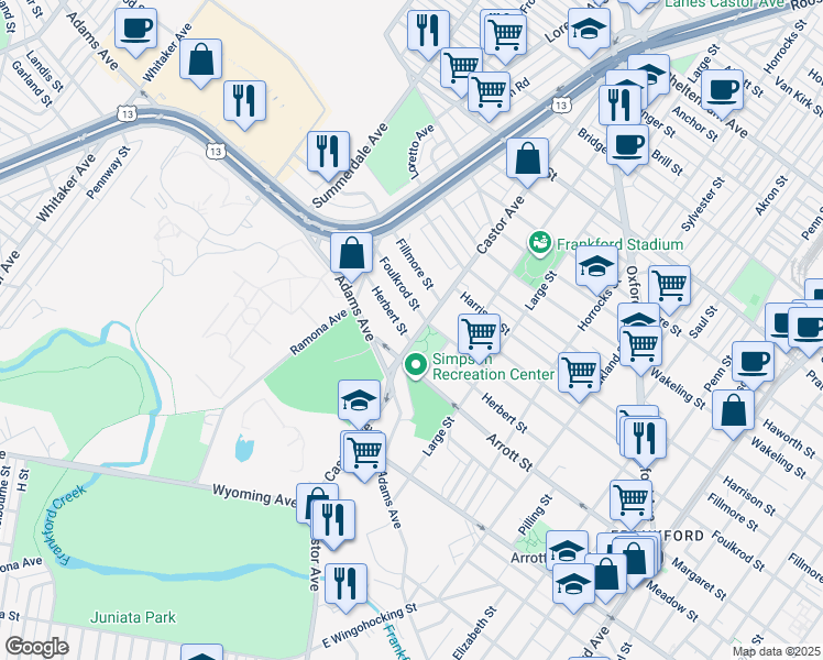 map of restaurants, bars, coffee shops, grocery stores, and more near 4748 Castor Avenue in Philadelphia