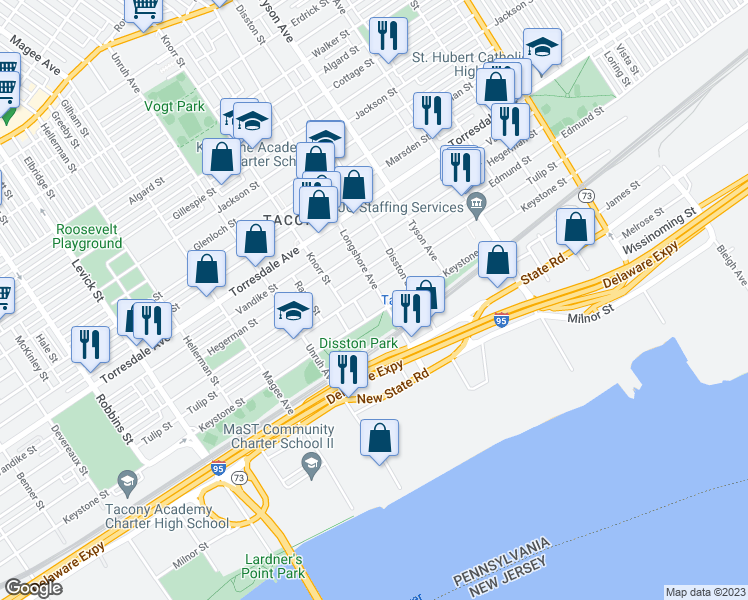 map of restaurants, bars, coffee shops, grocery stores, and more near 4910 Longshore Avenue in Philadelphia