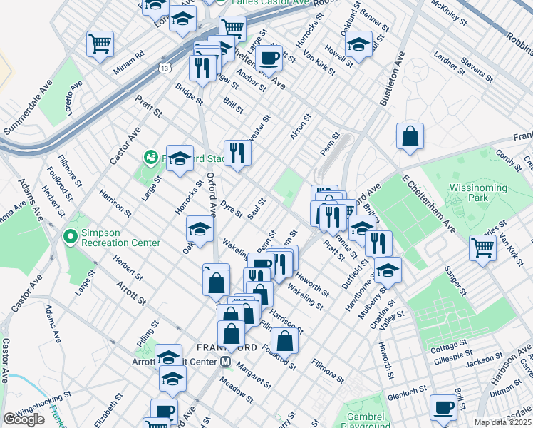 map of restaurants, bars, coffee shops, grocery stores, and more near 5132 Leiper Street in Philadelphia