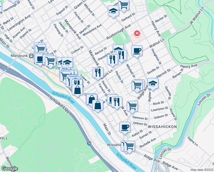 map of restaurants, bars, coffee shops, grocery stores, and more near 4011 Dexter Street in Philadelphia