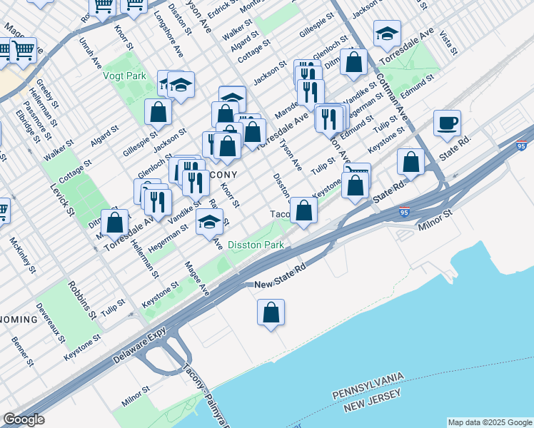 map of restaurants, bars, coffee shops, grocery stores, and more near 4910 Longshore Avenue in Philadelphia