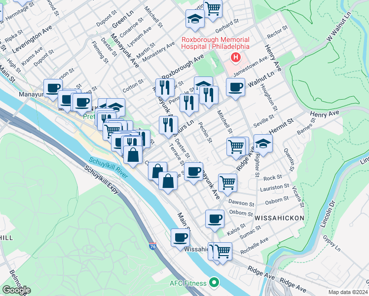 map of restaurants, bars, coffee shops, grocery stores, and more near 4011 Dexter Street in Philadelphia