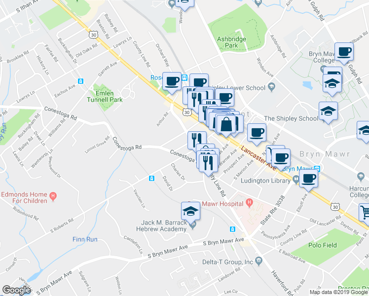 map of restaurants, bars, coffee shops, grocery stores, and more near 109 Petrie Avenue in Bryn Mawr