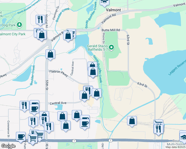 map of restaurants, bars, coffee shops, grocery stores, and more near 2300 Central Avenue in Boulder