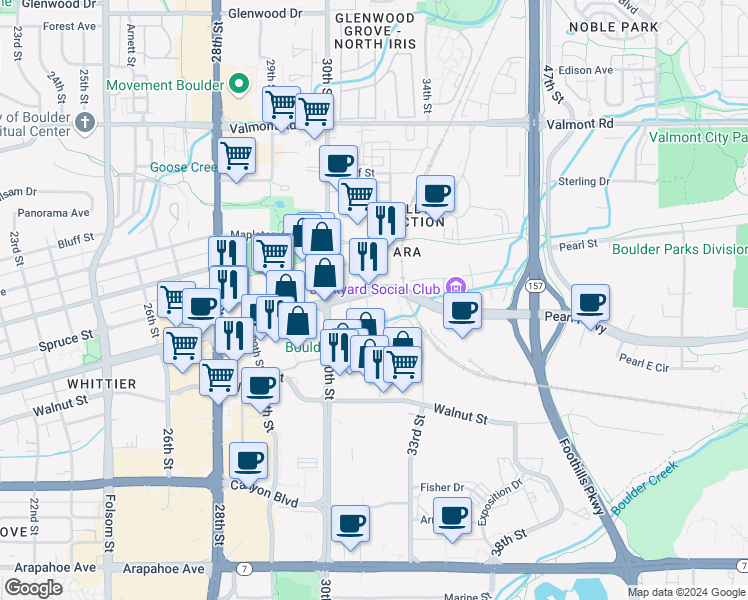 map of restaurants, bars, coffee shops, grocery stores, and more near 3080 Pearl Street in Boulder