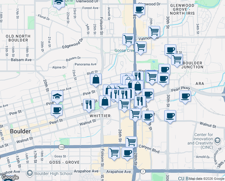 map of restaurants, bars, coffee shops, grocery stores, and more near 2601 Spruce Street in Boulder