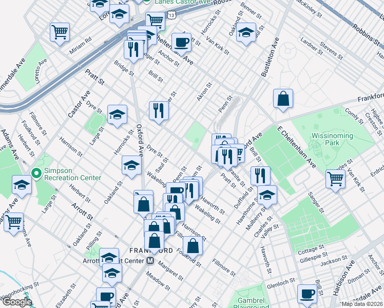 map of restaurants, bars, coffee shops, grocery stores, and more near 5123 Leiper Street in Philadelphia