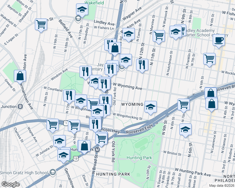 map of restaurants, bars, coffee shops, grocery stores, and more near 4600 Old York Road in Philadelphia
