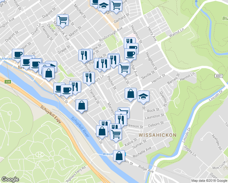 map of restaurants, bars, coffee shops, grocery stores, and more near 3926 Pechin Street in Philadelphia