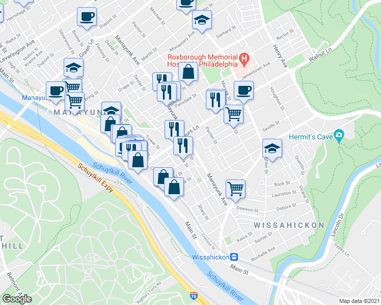 map of restaurants, bars, coffee shops, grocery stores, and more near 3943 Terrace Street in Philadelphia