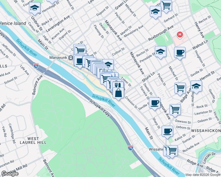 map of restaurants, bars, coffee shops, grocery stores, and more near 4139 Main Street in Philadelphia