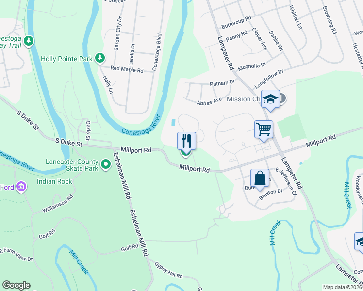 map of restaurants, bars, coffee shops, grocery stores, and more near 5 River Bend Park in Lancaster