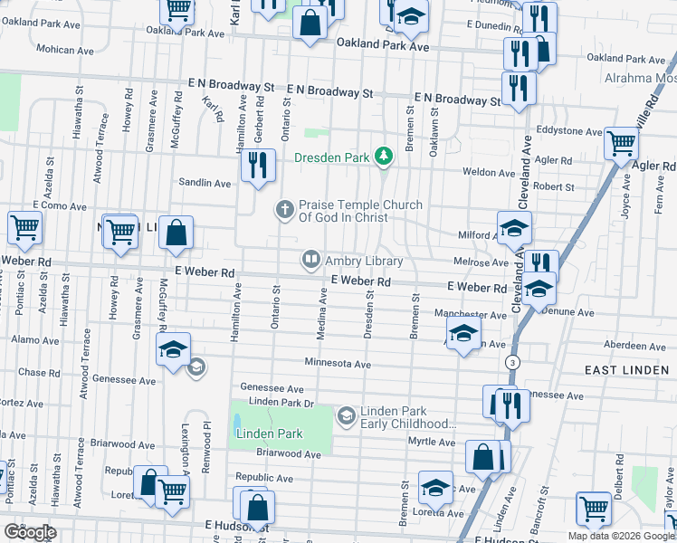 map of restaurants, bars, coffee shops, grocery stores, and more near 1463 East Weber Road in Columbus