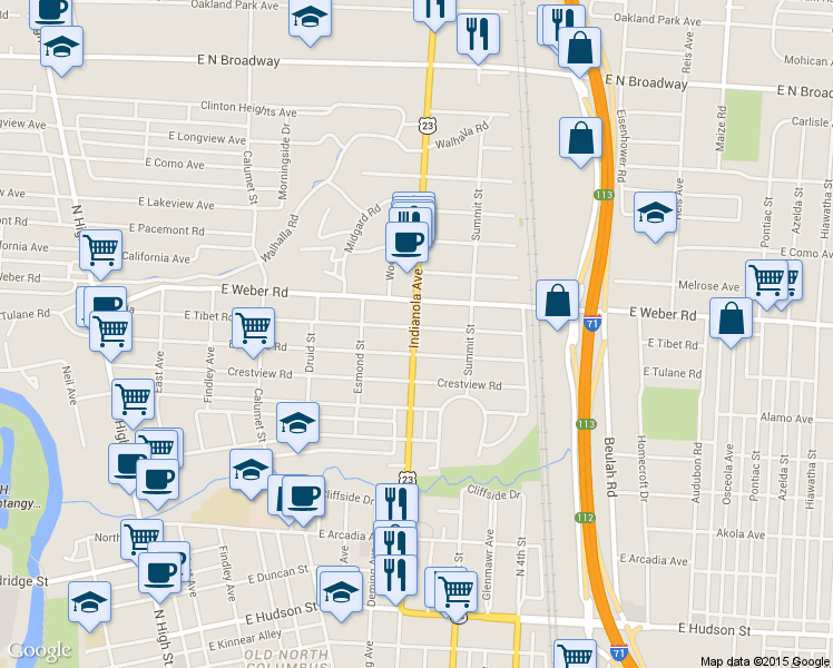 map of restaurants, bars, coffee shops, grocery stores, and more near 450 East Tulane Road in Columbus