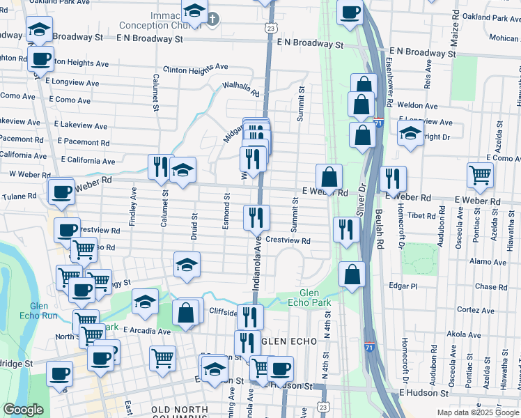 map of restaurants, bars, coffee shops, grocery stores, and more near 450 East Tulane Road in Columbus